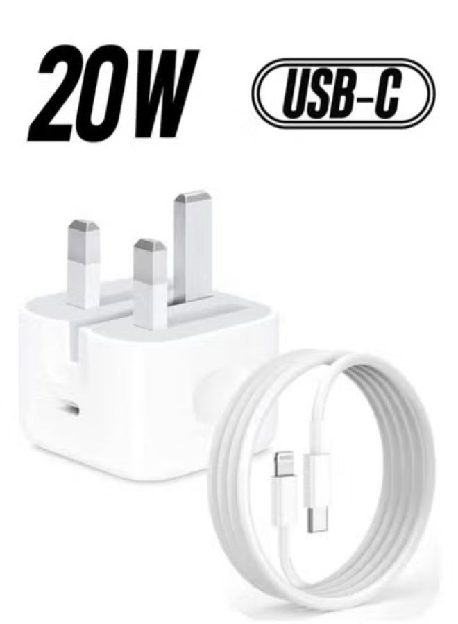 شاحن سريع لأجهزة آيفون بقوة 20 واط | شاحن جداري سريع بمنفذ USB-C مع كابل USB-C إلى Lightning بطول 2 متر، متوافق مع أجهزة آيفون 14/14 برو/14 برو ماكس/13/12/SE2020/11/XR/XS ماكس/X/آيباد (2 متر) - Image 1